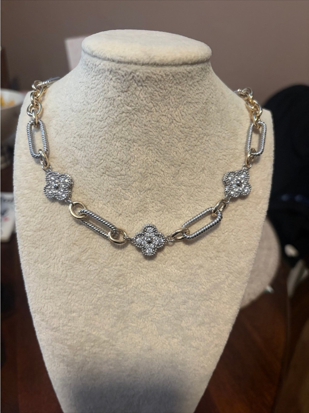 Two-Tone Gold & Silver Crystal Flower Link Necklace